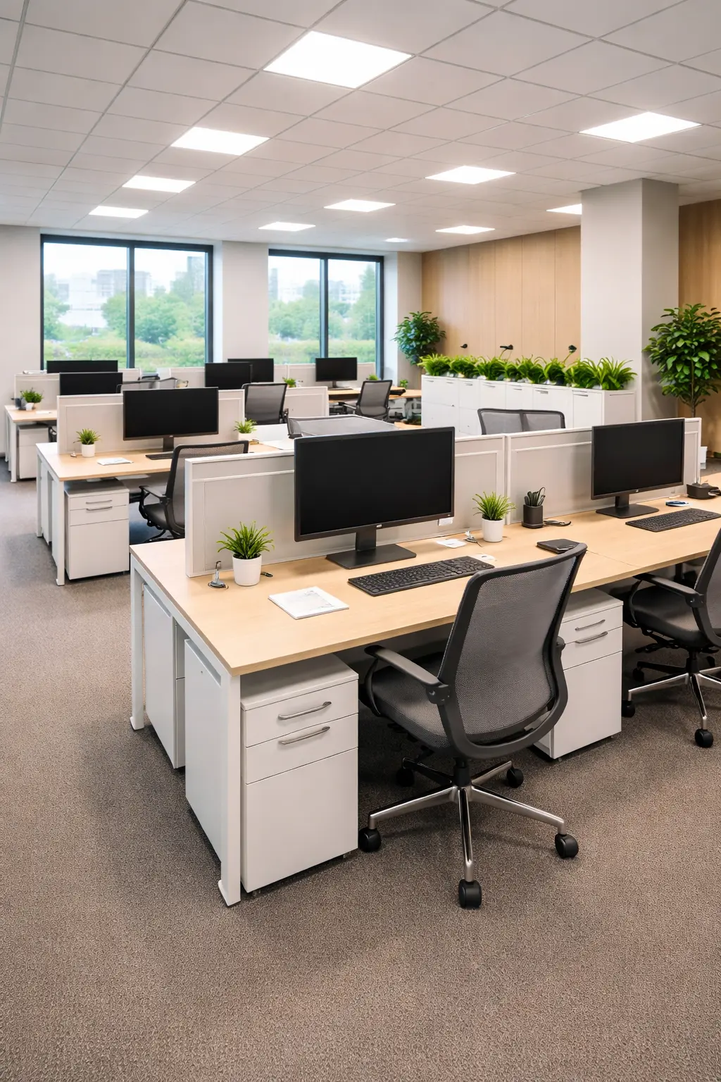 Tidy open-plan Melbourne office with clean desks, monitors and indoor plants