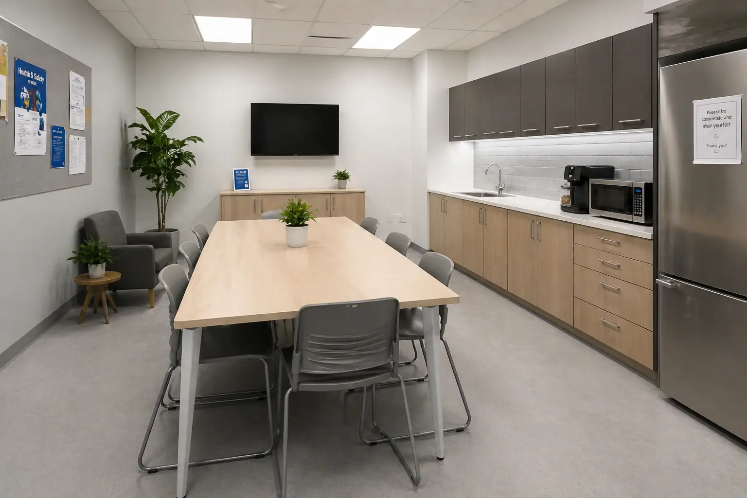 Clean and tidy office staff room with kitchenette, dining table and seating area