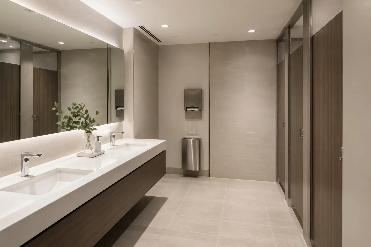 Spotless modern office washroom with twin basins and clean tiled floor